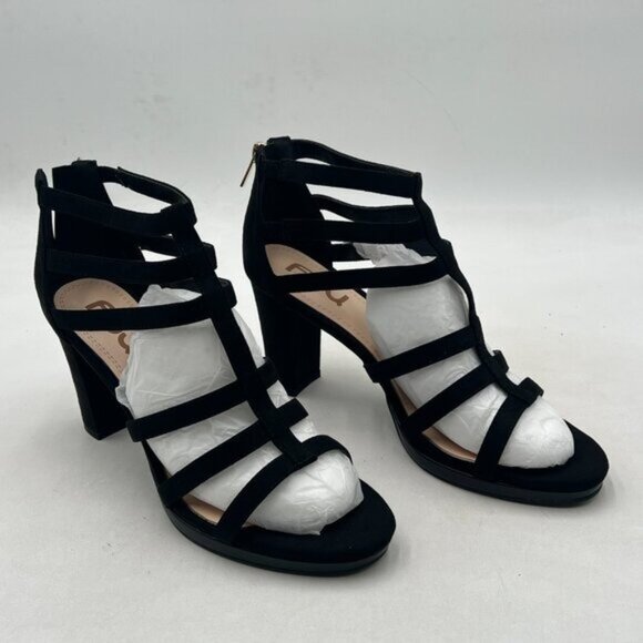 FSJ Black Chunky High Heel Sandals Open Toe T-Strap Cutout Back Zipper Shoes - Picture 4 of 8